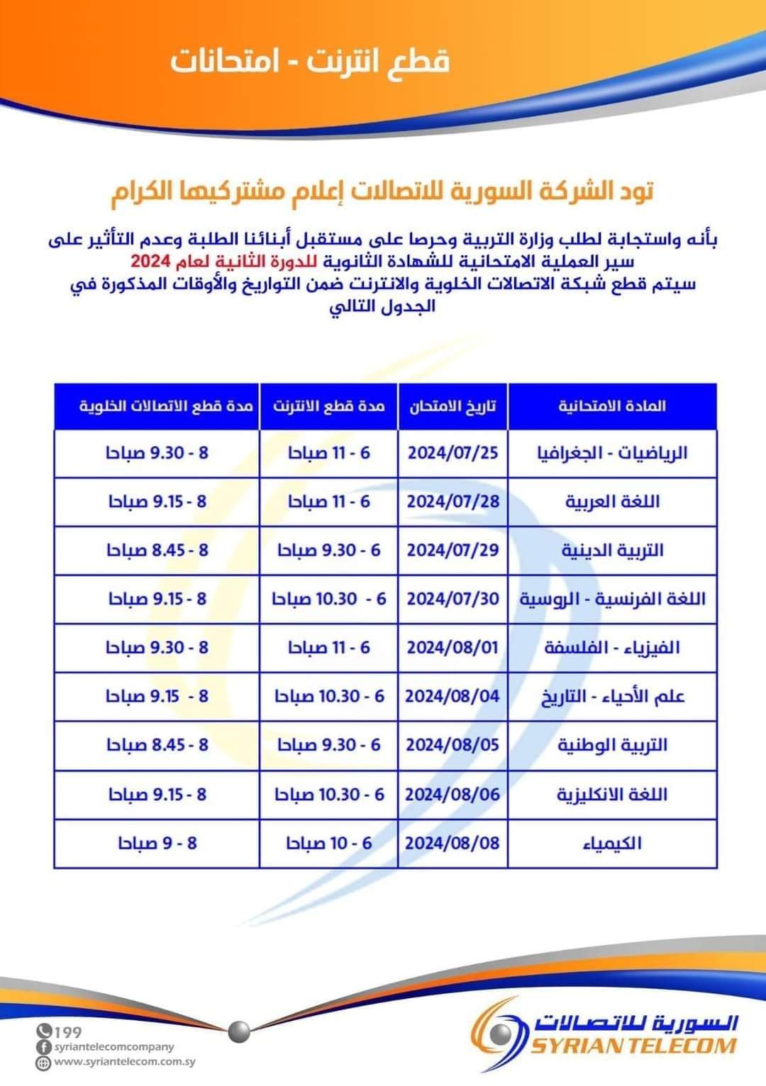 الاتصالات تعلن مواعيد قطع الانترنت والخليوي ..تعرف عليها