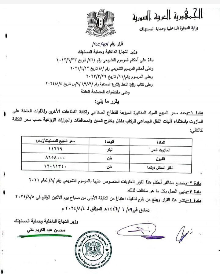 وزارة التجارة الداخلية وحماية المستهلك تصدر لائحة أسعار جديدة ..تعرف عليها